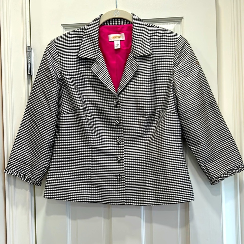 Talbots 100% Silk Black Checked Jacket w/ Ruffled Sleeves & Covered Buttons sz.8